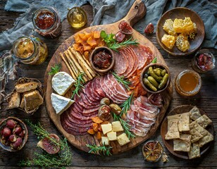 Top view, A rustic charcuterie platter, featuring an assortment of cured meats, artisan cheeses, pickles, crackers, and honeycomb, arranged on a wooden board.