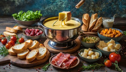 Top view, A festive cheese fondue pot surrounded by an array of dipping items, including bread...