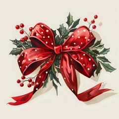 Holiday Red Bow with Festive Polka Dots and Greenery for Traditional Decor