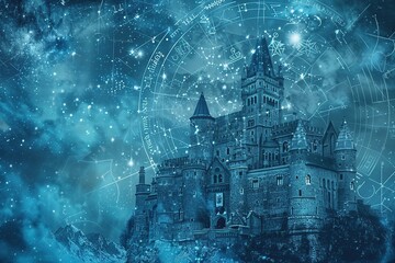 Cosmic gray and blue portrayal of a castle through zodiac symbols