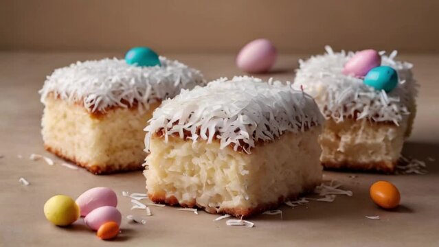 Easter lamingtons, coconut cakes on a blue background created with generative ai	