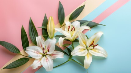 Beautiful blooming lily flowers arranged on a colorful background in a flat lay composition