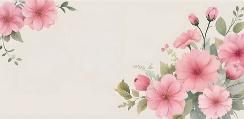 A delicate arrangement of flowers and green foliage set against a soft background., illustration