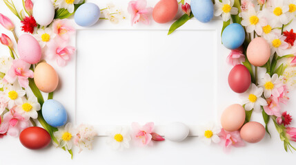 Naklejka na ściany i meble A festive frame adorned with colorful Easter eggs and spring flowers, perfect for Easter celebrations, with a blank center space for text