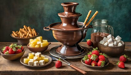 Top view, A decadent chocolate fondue fountain surrounded by an assortment of dipping items, including strawberries, marshmallows, pretzel sticks, and pineapple chunks.