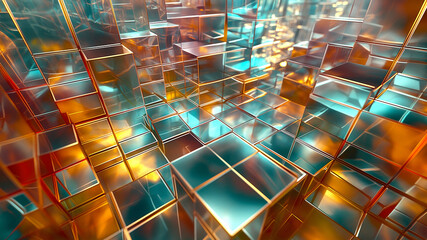 abstract golden 3d glass background; a chaotic assembly of geometric shapes