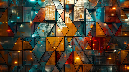 abstract stained glass colorful 3d background, an array of geometric shapes, with an organized composition, resembling a wall of metallic, rusted tiles, an industry feel