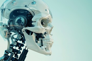 The head of a humanoid robot with brains inside. Future robot buildings. Person of technological progress. A futuristic society governed by artificial intelligence.