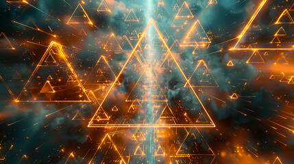 abstract light triangles background; abstract light background; a dynamic array of triangles in glowing neon orange, overlapping  - obrazy, fototapety, plakaty