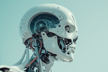 The head of a humanoid robot with brains inside. Future robot buildings. Person of technological progress. A futuristic society governed by artificial intelligence. - obrazy, fototapety, plakaty