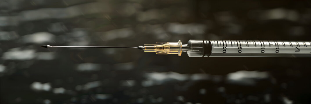 Closeup of a syringe with a needle and a vial of liquid
