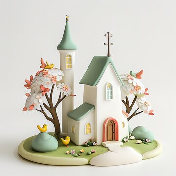 Cute 3d church with spring landscape on white background.