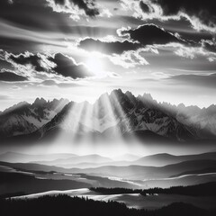 Mountain landscape with lake and sunbeam. Black and white image