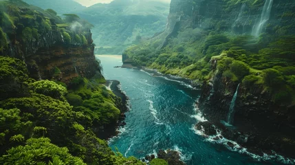 Foto op Canvas A Galapagos landscape, featuring lush greenery and dramatic cliffs. © taelefoto