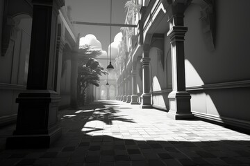 A monochrome photograph capturing the depth and perspective of a hallway lined with black and white toned buildings. Generative AI - Powered by Adobe