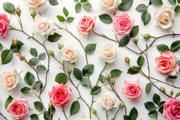 Floral pattern of pink and beige roses, green leaves and branches on a white background, perfect for Valentine's Day background or feminine decoration. - obrazy, fototapety, plakaty