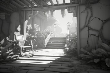 A black and white toned porch with wooden railing and steps, surrounded by vintage buildings. Generative AI
