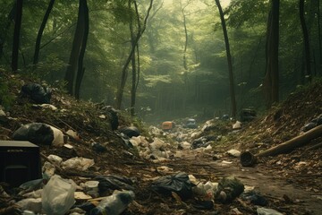 A forest overwhelmed with scattered trash in between tall trees, highlighting the environmental...