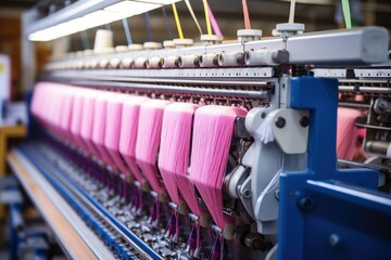 A machine in the garment industry is weaving pink yarn. Generative AI