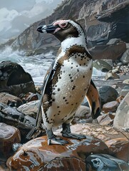 A Galapagos penguin waddling along a rocky shoreline.