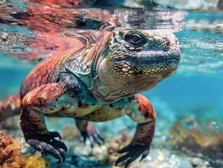 Foto op Canvas A colorful marine iguana swimming gracefully in crystal-clear waters. © taelefoto