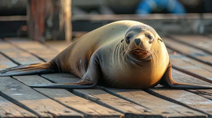 Foto op Canvas A Galapagos sea lion lounging on a wooden dock, soaking up the sun. © taelefoto