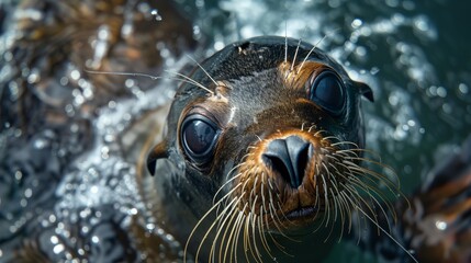 Close-up of a Galapagos sea lion's whiskered face, capturing its curious expression. - obrazy, fototapety, plakaty