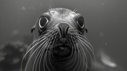 Close-up of a Galapagos sea lion's whiskered face, capturing its curious expression. - obrazy, fototapety, plakaty