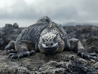 Foto op Canvas A single marine iguana resting on a rock amidst the vast expanse of volcanic terrain in the Galapagos. © taelefoto