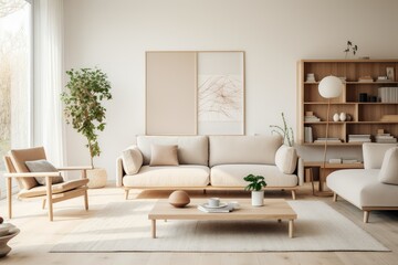 A living room filled with furniture featuring a large window that lets in plenty of natural light. Generative AI