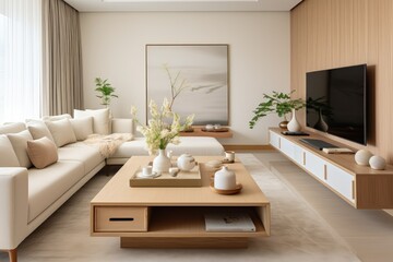 A modern living room filled with furniture including a flat screen TV. Generative AI