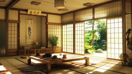 Serenity of a traditional Japanese room bathed in sunlight