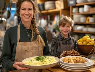 A woman and a child are smiling and holding plates of food. The woman is wearing an apron and the child is wearing a plaid shirt. The scene is set in a kitchen with various dishes and utensils