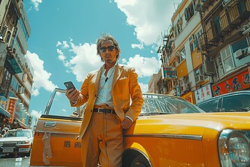 A man in a yellow suit stands beside a yellow taxi cab on the cloudy day