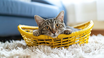 Adorable cat in yellow wicker basket on shaggy mat carpet at home displaying pet companionship and bonding