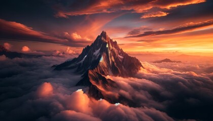 Majestic Mountain Summit Above the Clouds at Sunset
