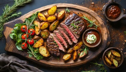 Top view, A mouthwatering steak platter, showcasing juicy grilled steak slices cooked to perfection and served with roasted potatoes, sautéed vegetables, and a drizzle of savory steak sauce.