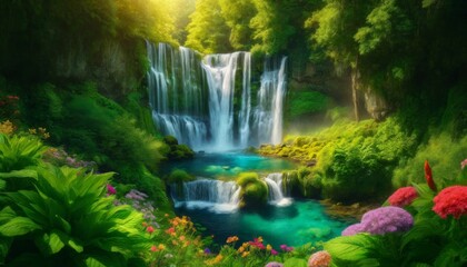 Serene Waterfall Oasis with Lush Vegetation
