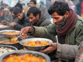 A man is feeding food to other people. The man is wearing a scarf