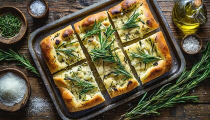Top view, A tray of freshly baked focaccia bread, topped with fragrant rosemary, sea salt, and olive oil, served warm and perfect for tearing and sharing. - obrazy, fototapety, plakaty