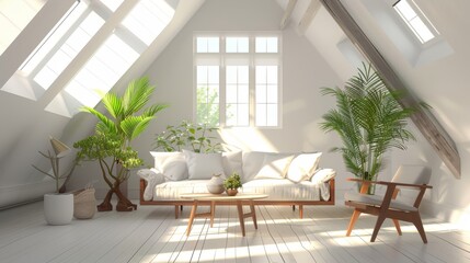 Fototapeta premium Sunlit attic lounge with lush green plants and cozy seating