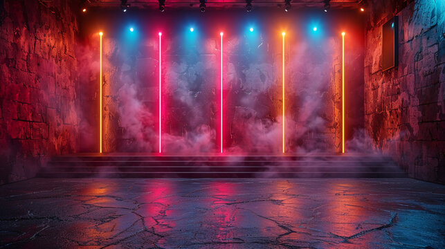 a big screen on a gameshow setting with yellow orange pink and blue purple color for a quiz gameshow --ar 16:9 --stylize 750
