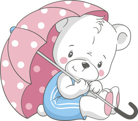 Vector illustration of a cute baby bear with a pink polka dot umbrella.