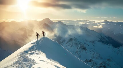 Mountain climbers in golden sunrise light ascending a snowy peak for an alpine adventure - Powered by Adobe
