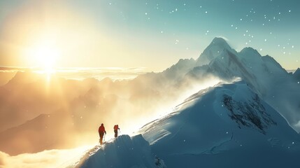 Mountain climbers in golden sunrise light ascending a snowy peak for an alpine adventure