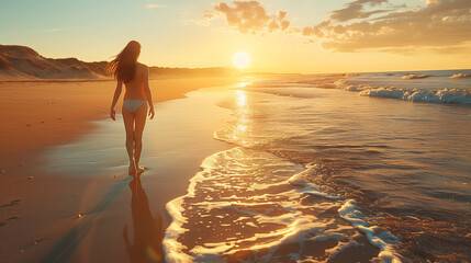 a joyful woman strolling along a sunlit beach - obrazy, fototapety, plakaty
