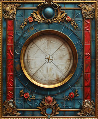Fototapeta premium A blank white illuminated manuscript page with an ornate red, blue and gold frame that is decorated in the style of medieval art nouveau with decorative borders. On top of it is painted a large round 