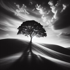 Lonely tree on the hill. Black and white image.