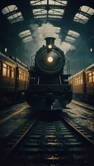 documentary extreme one point perspective wide angle scene of steam locomotive in a bioshock dishonored giant steampunk train station - obrazy, fototapety, plakaty