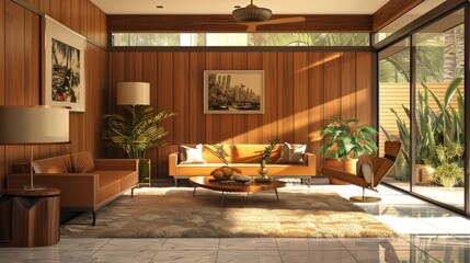 Sunlit retro living room with lush greenery and mid century modern decor